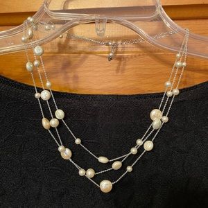 Triple strand silver and pearl necklace